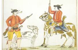 Un grabado de Florián Paucke en la que muestra a los conquistadores españoles con sus principales elementos, el caballo y el perro. Colección Herib Caballero Campos.
