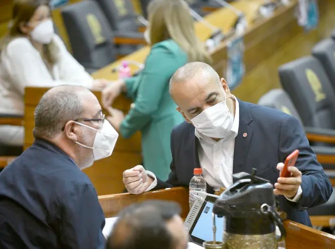 El diputado cartista Basilio “Bachi” Núñez (d) muestra a su colega Justo Zacarías su teléfono celular. Fue ayer en la sesión de la Cámara Baja.