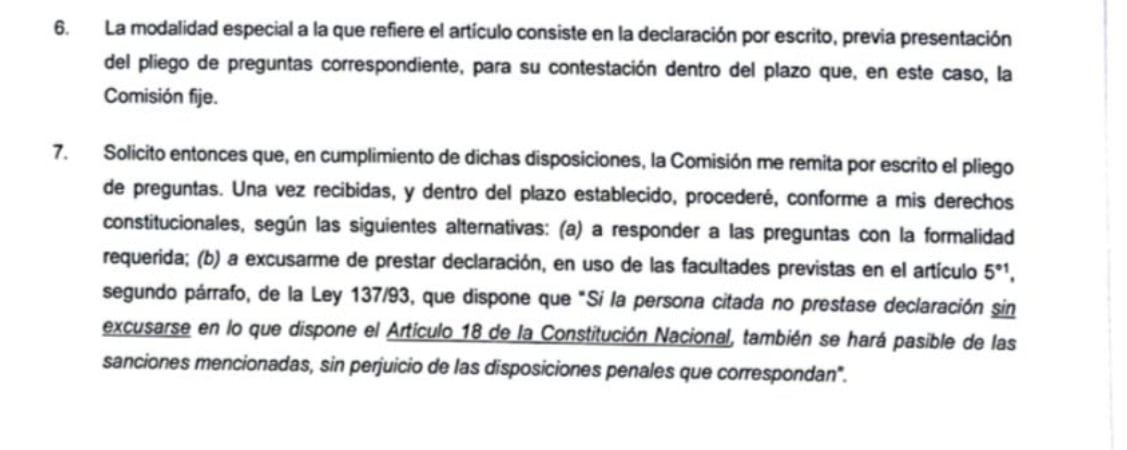 Principales argumentos de Horacio Cartes para no presentarse ante la CBI. (gentileza).
