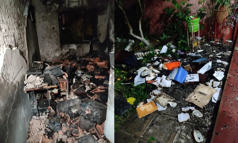 A la izquierda se observa como quedó la habitación y a la derecha, los papeles desperdigados, que si bien se salvaron del fuego, no del destrozo.