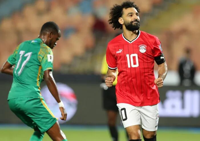Mohamed Salah  celebra uno de los cuatro goles que marcó ayer para Egipto ante Yibutí por las Eliminatorias de la zona africana para el Mundial 2026.