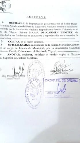 Juez Electoral Ariel Romero rechaza impugnación de la candidatura a la intendencia para el distrito de Ybycuí de María Del Carmen Benítez.