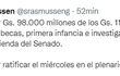 Anuncio del senador Rasmussen en donde se comunica la reversión de G. 98.000 millones del FEEI.