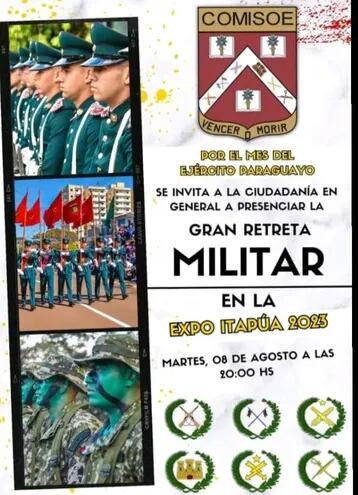 El Colegio Militar de Sub Oficiales del Ejército (Comisoe) ofrecerá una retreta militar en la Expo Itapúa, hoy a partir de las 20:00 horas.