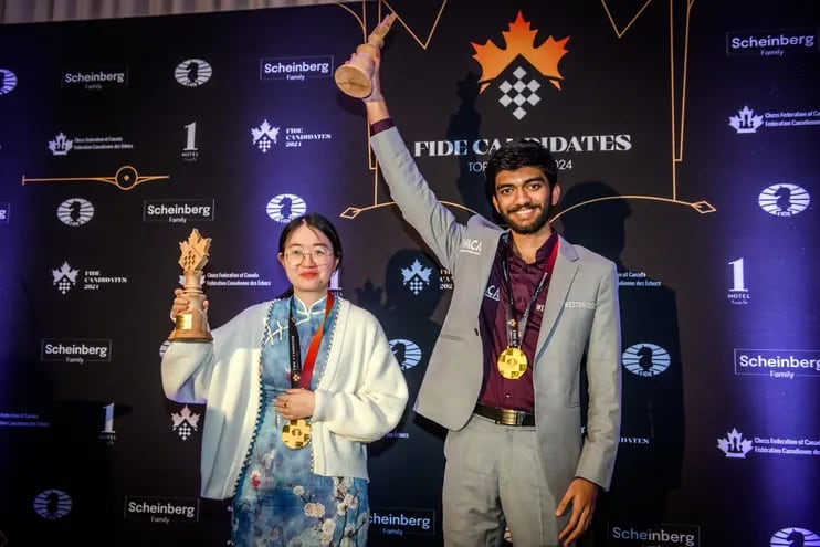 Los vencedores del Candidatos de Toronto 2024, Tan Zhongyi y Gukesh D. (Foto FIDE Michal Walusza).
