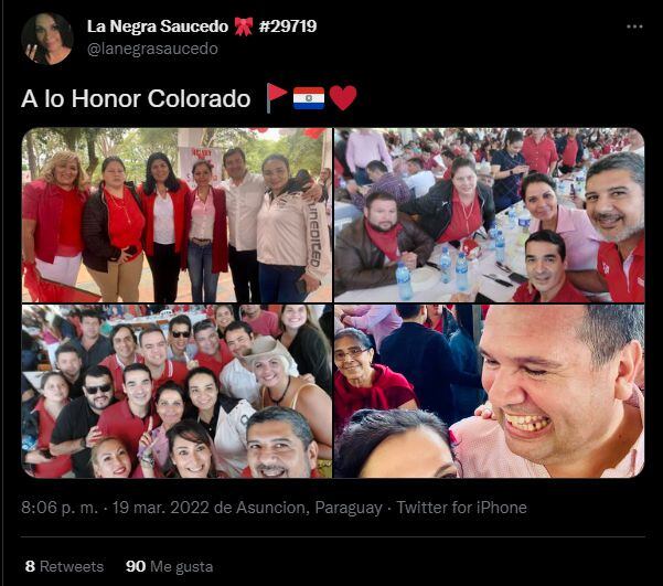 Fátima Saucedo presentó justificativo médico para ausentarse en Yacyretá entre el 17 y el 18 de marzo, por padecer un "esguince". El 19 de marzo publicó fotos en Misiones, en un acto de Honor Colorado.