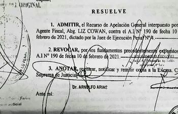 Facsimilar de la resolución de la Cámara que revoca la decisión de la jueza María Teresa Ruiz Díaz por la cual otorgó 202 días de redención a un narcotraficante.