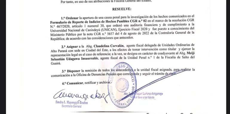 Parte resolutiva de la asignación de la fiscala Claudelina Corvalán para investigar la irregularidad detectada por la CGR en la Unican