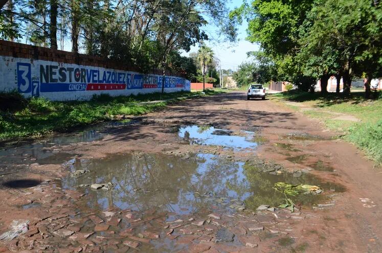 Frentistas de la calle Herminio Torres del barrio María Auxiliadora de Ñemby denuncian la permanencia de agua servida en la vía.