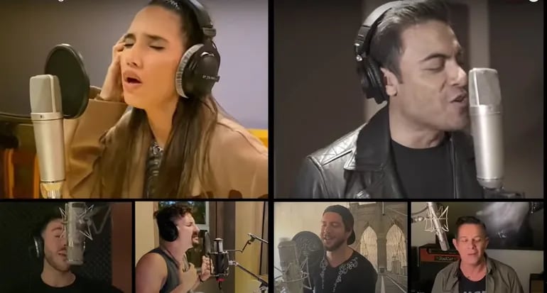 India Martínez, Carlos Rivera, Manuel Carrasco, Alejandro Sanz y otros durante en el videoclip de la nueva versión de "Himno a la alegría".