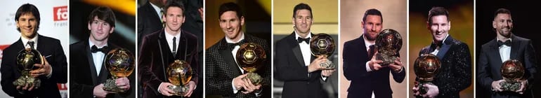 (COMBO) This combination of files photographs created on October 30, 2023, shows Barcelona's Argentinian forward Lionel Messi reacting as he receives the Ballon d'Or football award (from L to R) for the year 2009 in Boulogne-Billancourt, outside Paris, on December 6, 2009; for the year 2010 in Zurich, on January 10, 2011; for the year 2011 in Zurich on January 9, 2012; for the year 2012 in Zurich on January 7, 2013; for the year 2015 in Zurich on January 11, 2016; for the year 2019 in Paris on December 2, 2019; for the year 2021 in Paris on November 29, 2021; for the year 2023 in Paris on October 30, 2023. Lionel Messi won the men's Ballon d'Or award for a record-extending eight time at a ceremony in Paris on October 30, 2023. (Photo by AFP)