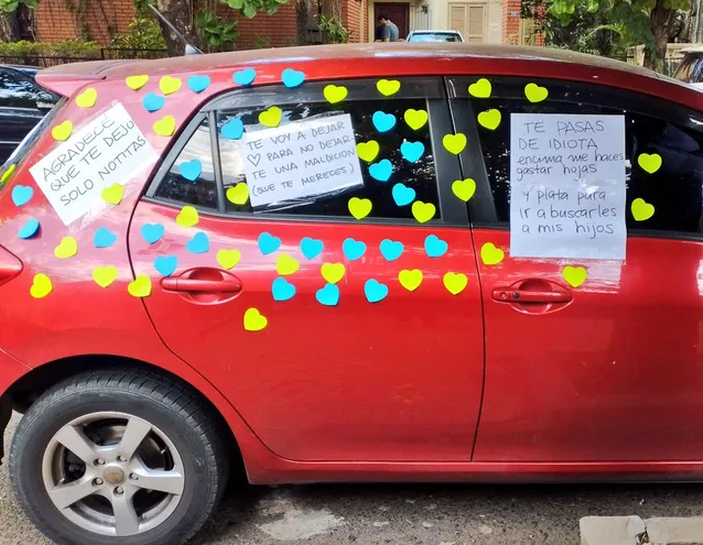 Mensajes de afectada por un vehículo frente a su garaje.