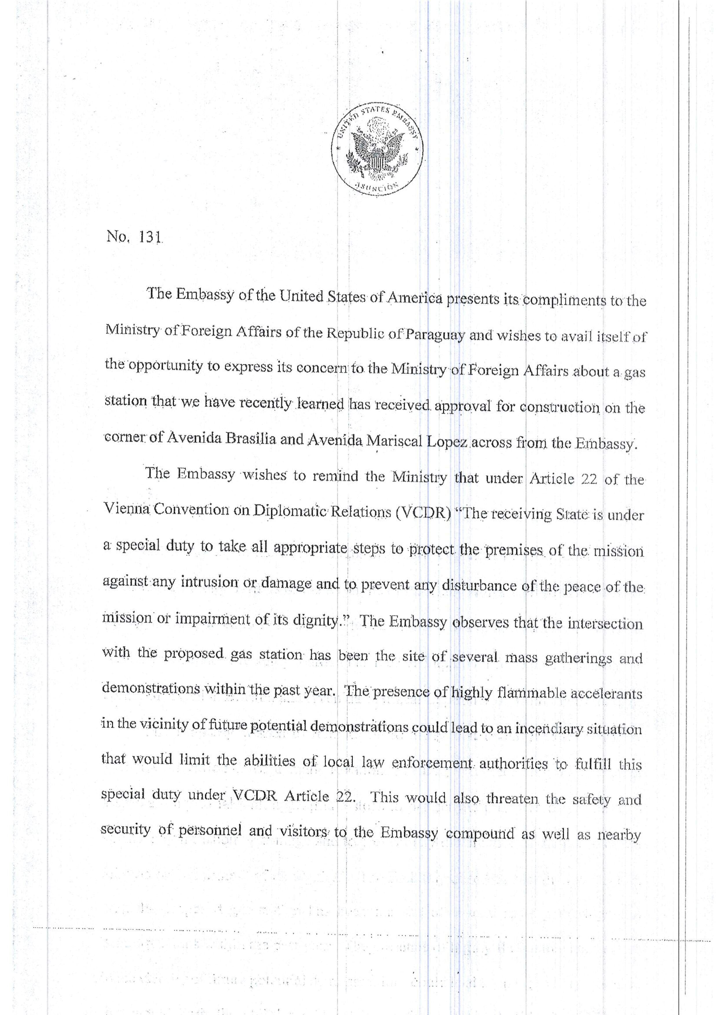 La nota enviada por la embajada de los Estados Unidos sobre la estación de servicios construida frente a su sede.