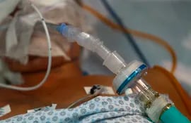 Un paciente con covid-19 intubado en una unidad de terapia intensiva en un hospital provisorio instalado en un polideportivo en Santo André, en el estado brasileño de Sao Paulo.