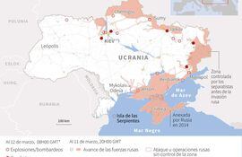 Mapa con los principales lugares donde se produjeron explosiones, bombardeos y combates entre el ejército ucraniano y ruso y las zonas bajo control ruso, al 12 de marzo a las 08H00 GMT - AFP / AFP