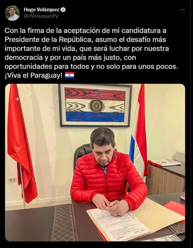 Tweet del vicepresidente Hugo Velázquez, oficializando candidatura.