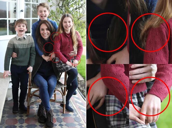 A la izquierda la foto de la princesa Kate Middleton con sus hijos Jorge, Luis y Carlota. A la derecha, un análisis de la inconsistencias detectadas por los expertos. Kate admitió haberla alterado.