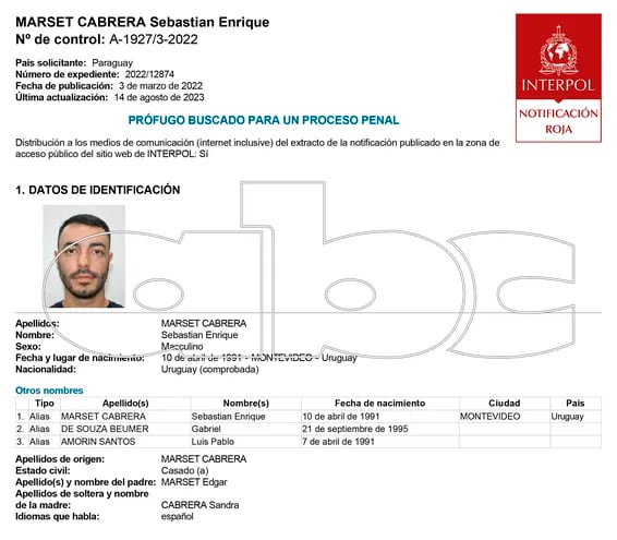 Notificación roja de Interpol de Sebastián Enrique Marset Cabrera.