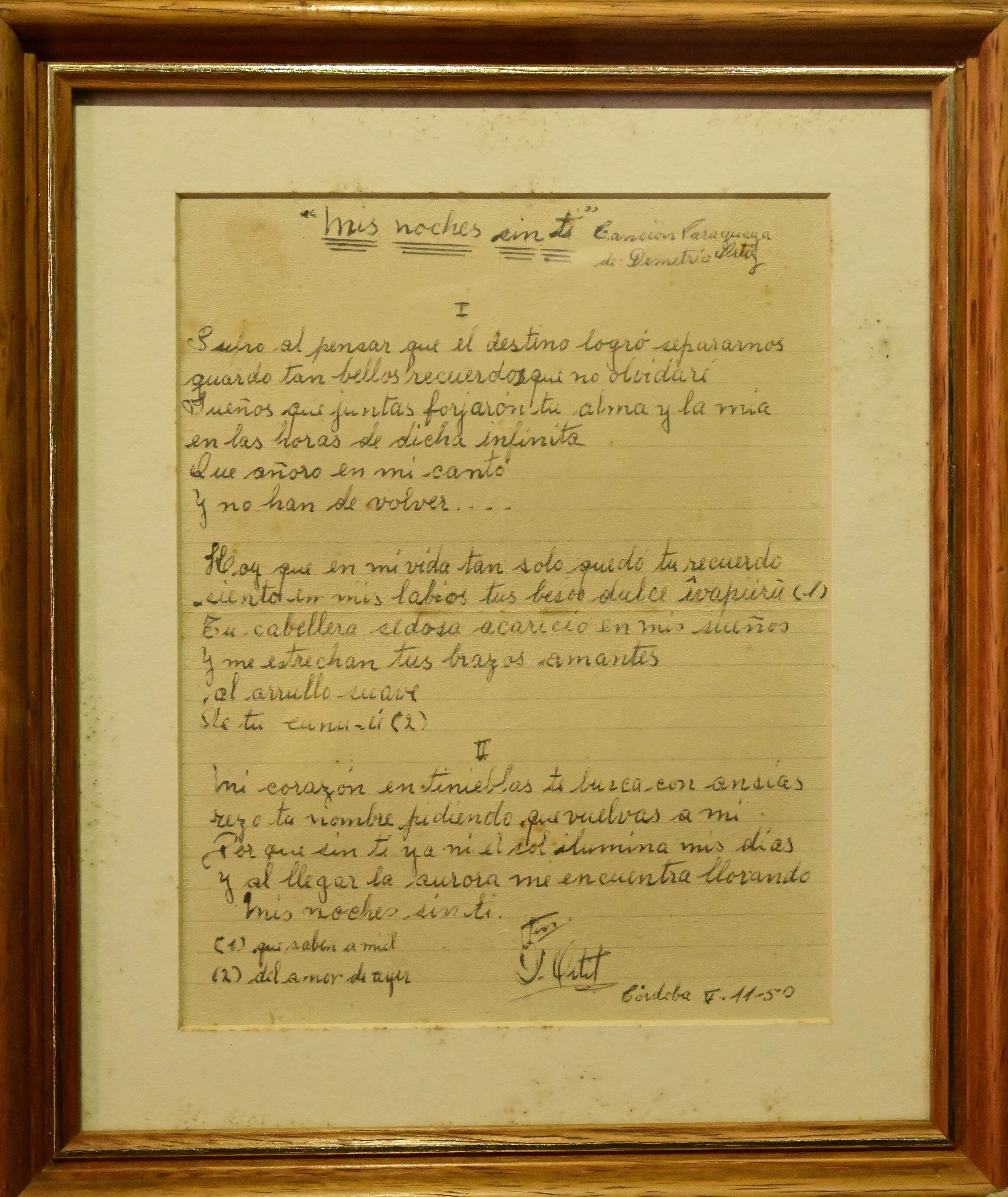 El manuscrito de la famosa guarania 