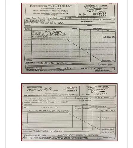 Facturas de la Ferretería Victoria presuntamente falsificadas utilizadas en rendición de cuentas para un presunto esquema delictivo en la Gobernación de Central en el caso que investiga a Hugo Javier.