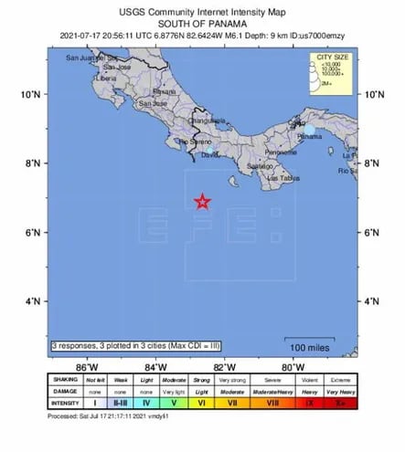 Fotografía que muestra la locación del sismo con magnitud 6,1 con epicentro a 130 kilómetros al sur de Punta Burica, en el litoral Pacífico de Panamá, hoy 17 de julio de 2021.