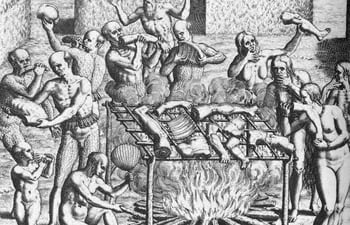 Grabado de De Bry que muestra una escena de canibalismo de los Tupinambá, siguiendo la descripción de Hans Staden.