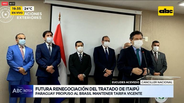 Conferencia de prensa de la Cancillería paraguaya y autoridades de Itaipú, tras el retorno del Brasil, donde se manifestó la postura del Gobierno de mantener la tarifa vigente de Itaipú durante el 2022.