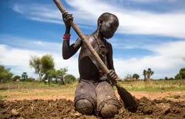 Una niña ayuda a su familia a preparar la tierra para el cultivo en Panthau, Sudán del Sur.