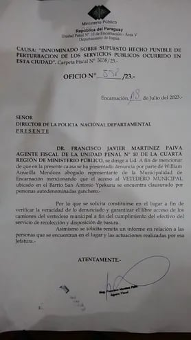 Oficio del fiscal Francisco Martínez, en el cual solicita a la Policía Nacional garantizar el libre acceso al vertedero municipal, hecho que hasta el cierre de esta edición todavía no se había cumplido.