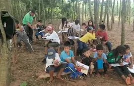 Un grupo de niños y niñas desarrollan sus clases de bajo de los árboles