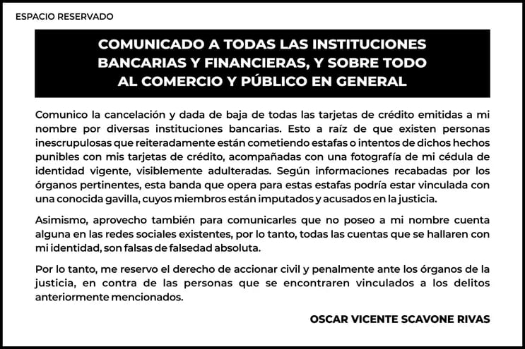Comunicado de Oscar Vicente Scavone Rivas