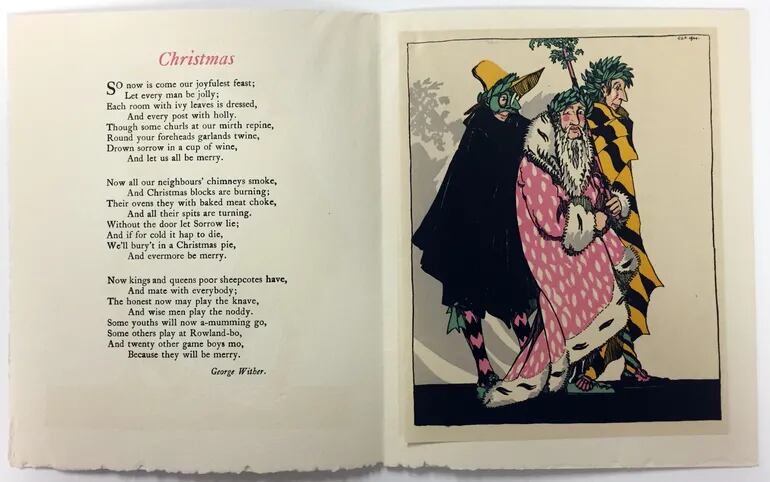 Claud Lovat Fraser: tarjeta de felicitación navideña con poema de George Wither, impresa en Londres por Lund, Humphries and Co., 1921.