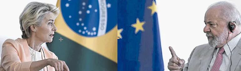 La presidenta de la Comisión Europea, Úrsula von der Leyen, y el mandatario de Brasil y presidente pro tempore del Mercosur, Lula da Silva. (EFE)