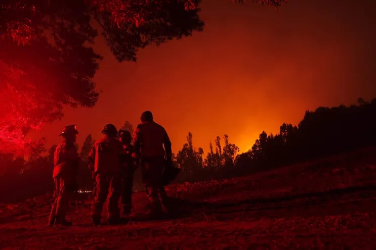Bomberos trabajan en una zona de Puren, Araucania, Chile. Los incendios forestales persisten, mientras suman las víctimas mortales.  (AFP)