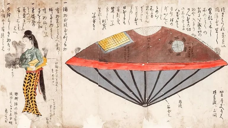El Utsuro Bune y la joven forastera en una ilustración del libro anónimo de 1835 "Hyoryu kishu" ("Historias de náufragos")