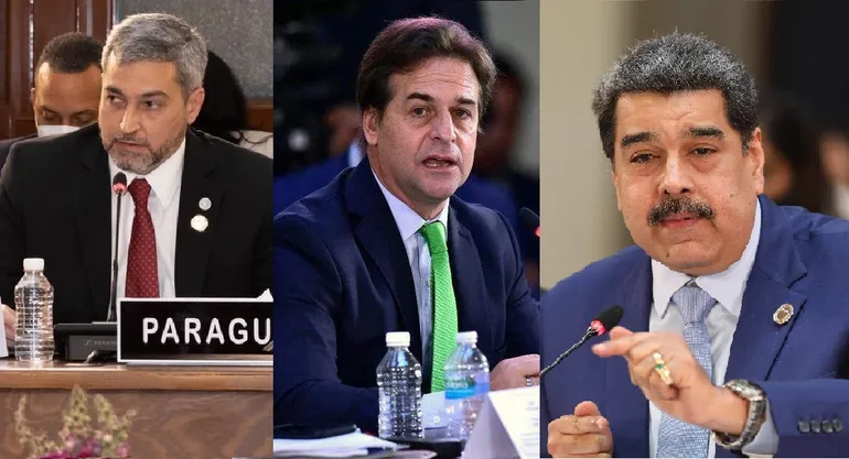 Mario Abdo Benítez, Luis Lacalle Pou y Nicolás Maduro, durante sus respectivas intervenciones en la cumbre de Celac.