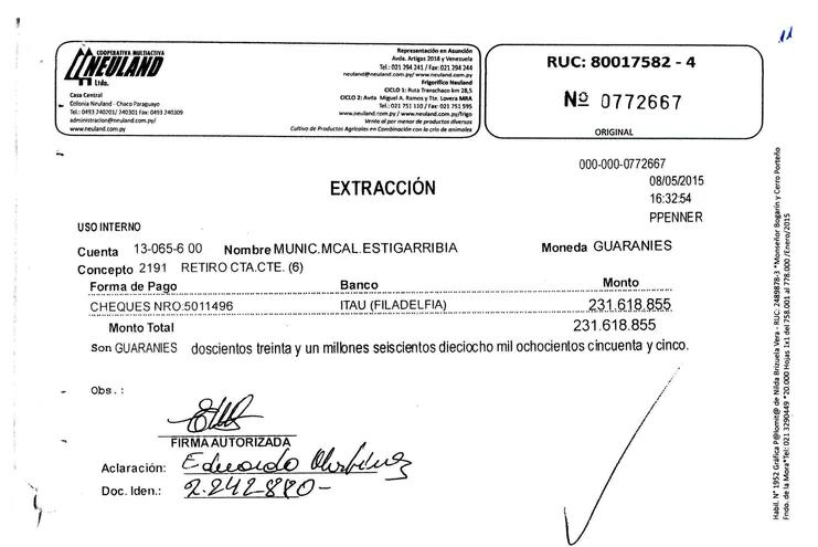 En una sola transacción, el concejal de Mariscal Estigarribia Eduardo Martínez Araujo (Avanza País) retiró más de G. 231 millones.