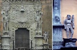 Fachada de la casa de Montejo, Yucatán (1910), y detalle (hombre salvaje)