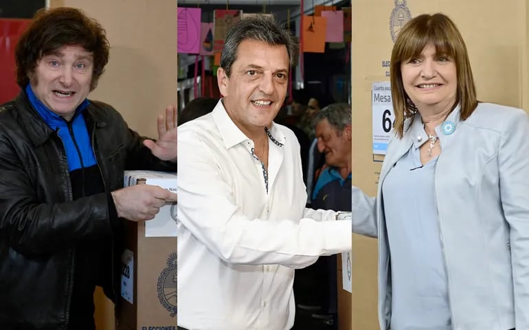 Elecciones generales en Argentina. Javier Milei, Sergio Massa y Patricia Bullrich. Se habla de un posible balotaje.