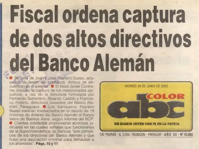 Tapa de ABC Color del 28 de junio de 2002, sobre la orden de captura contra el ahora extraditado José Peirano Basso.