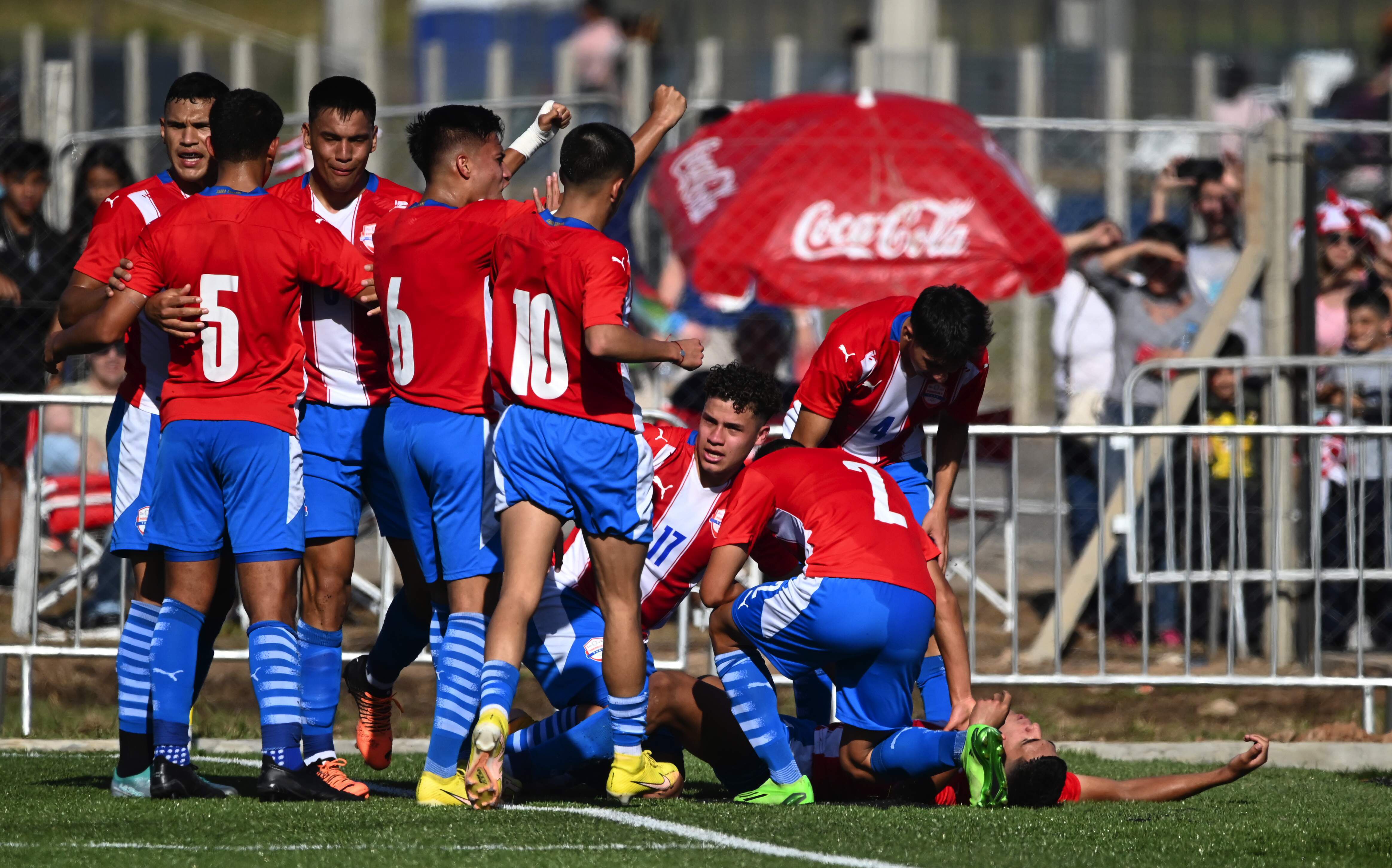 Los componentes de la Albirroja celebran tras la anotación del gol de Allan Wlk ante Ecuador.