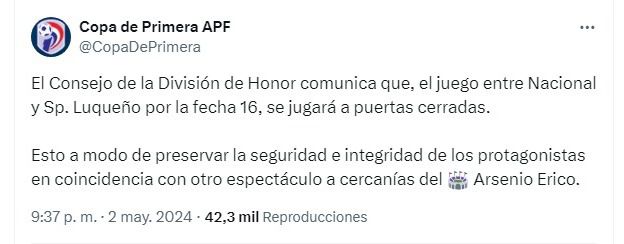 El comunicado de la Asociación Paraguaya de Fútbol.