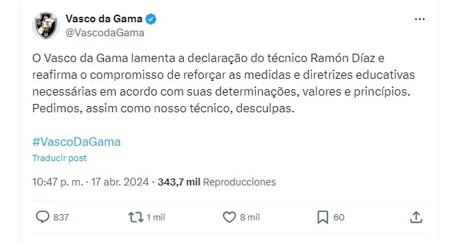 La publicación de Vasco da Gama por las declaraciones de Ramón Díaz.