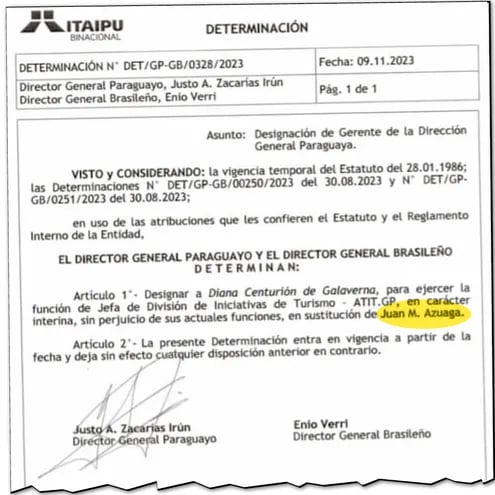 El documento por el cual cambian a Juan Azuaga por la esposa de "Nano" Galaverna.