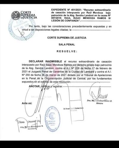 Resolución de la Corte Suprema de Justicia donde se rechaza el recurso de casación presentado por el intendente de San Antonio Raúl Mendoza Ramos.
