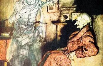 Ebenezer Scrooge y el fantasma de Marley en una ilustración de Arthur Rackham (1867-1939) para el relato de Dickens A Christmas Carol (Cuento de Navidad).