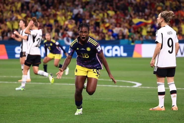 Linda Caicedo grita su gol para Colombia ante Alemania durante un partido del Mundial Femenino 2023, que se disputó en Australia y Nueva Zelanda.
