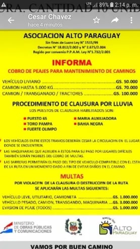 Nuevos precios del pago de peaje en caminos del Alto Paraguay, genero la protesta generalizada de los usuarios de los tramos ruteros