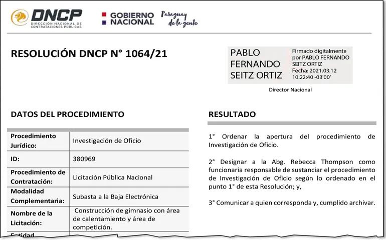 Resolución que firmó el titular de la DNCP, Pablo Seitz, en la que se ordenó la investigación.