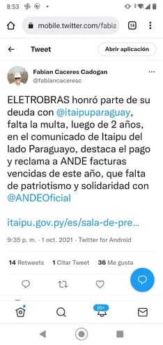 Tuit del ex director técnico de la ANDE, Fabián Cáceres.